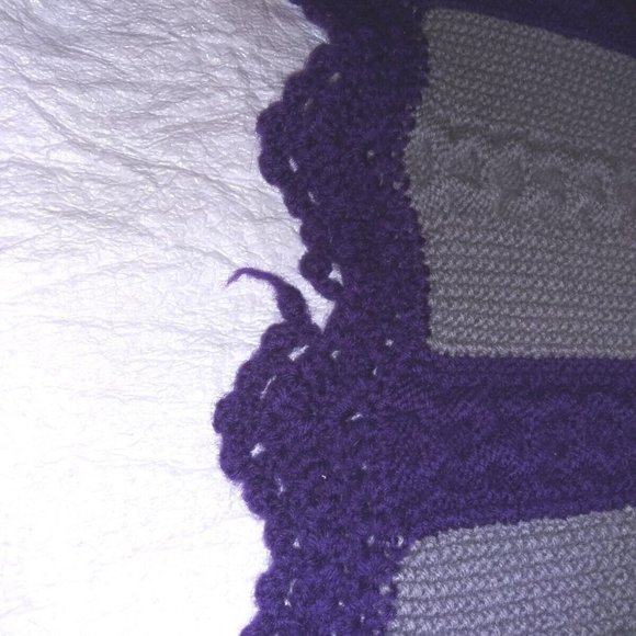 Granny Hand Knitted Afghan Purple and Grey Striped Crochet Winter Afghan Blanket - Picture 5 of 9